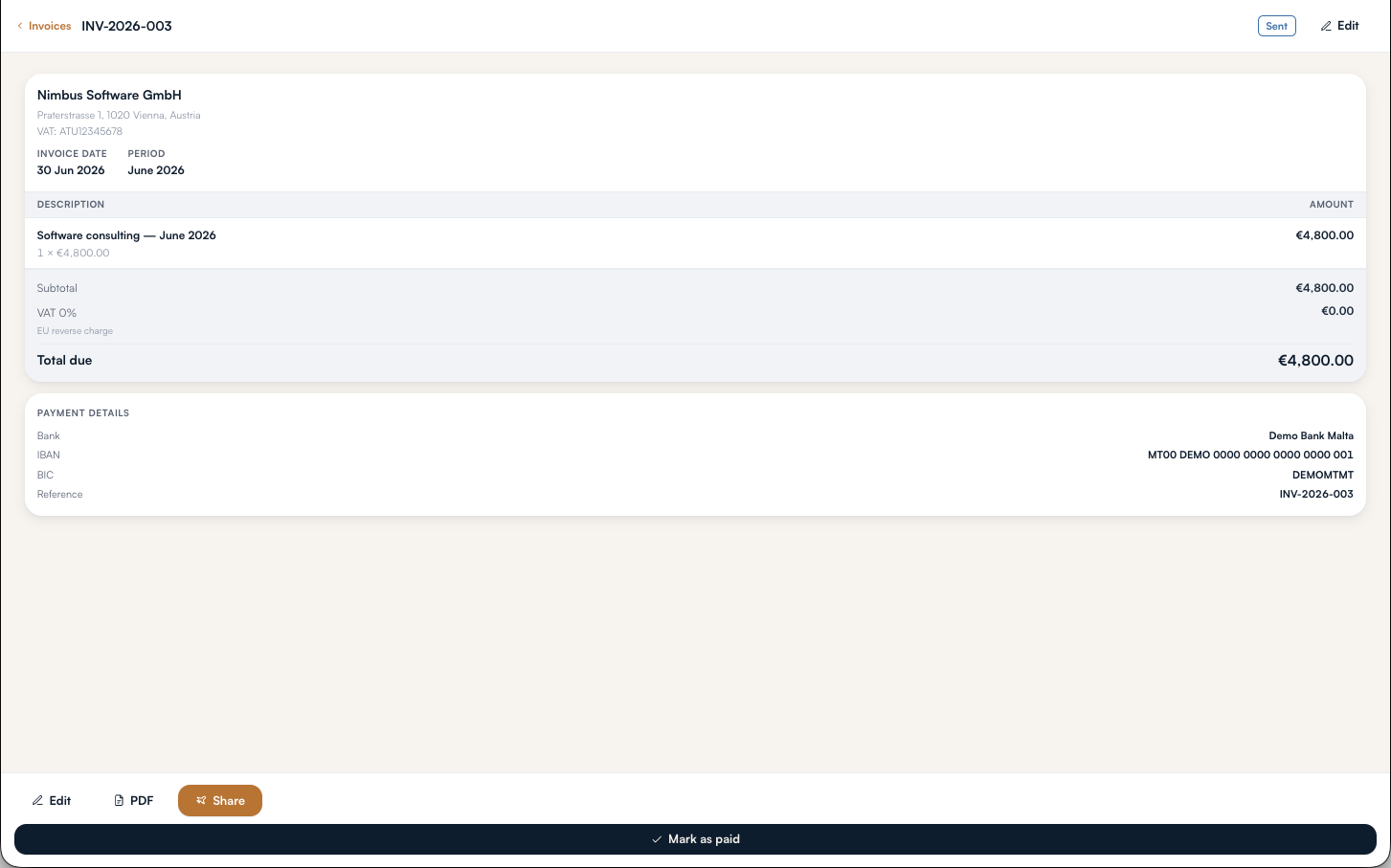 An invoice open in Luca with line items and totals.
