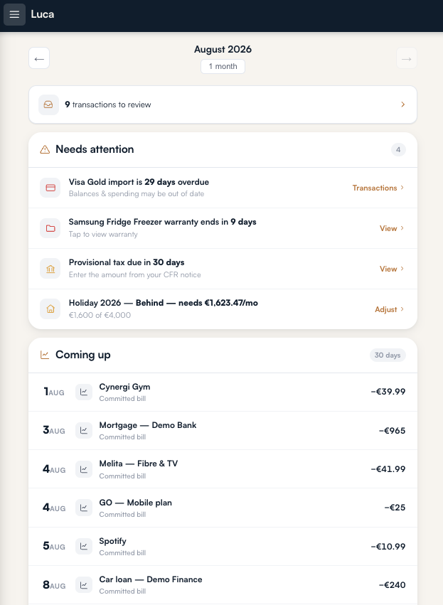 Luca's dashboard on a phone: what needs attention, and the next thirty days of money.