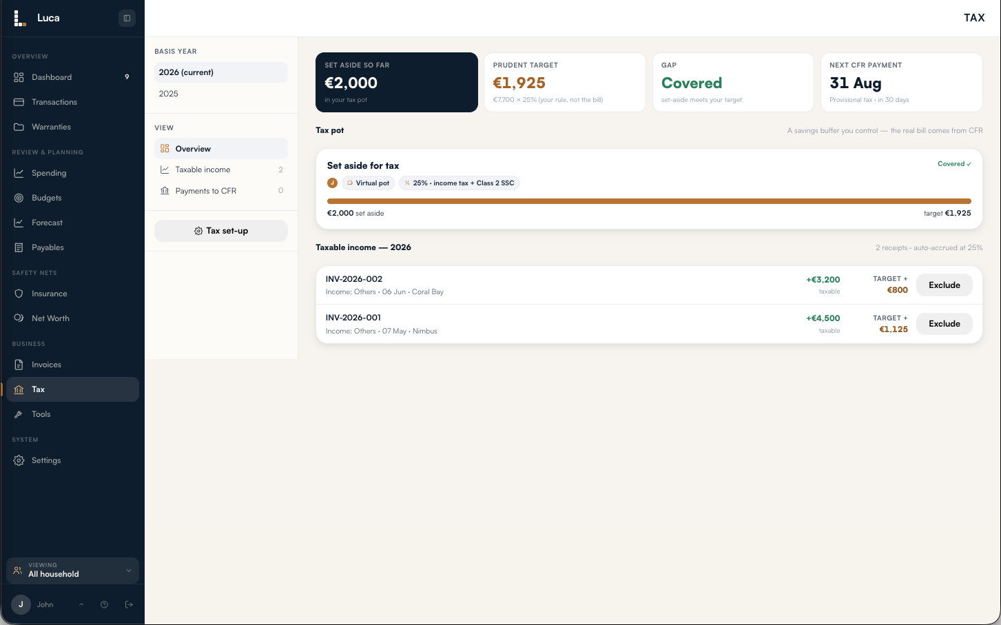 Luca's Tax overview: the amount set aside, the prudent target computed from real income, and the next payment date.